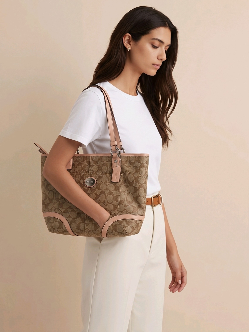 COACH Peyton Signature Heritage Tote Timeless Khaki/Tan - Picture 3 of 6